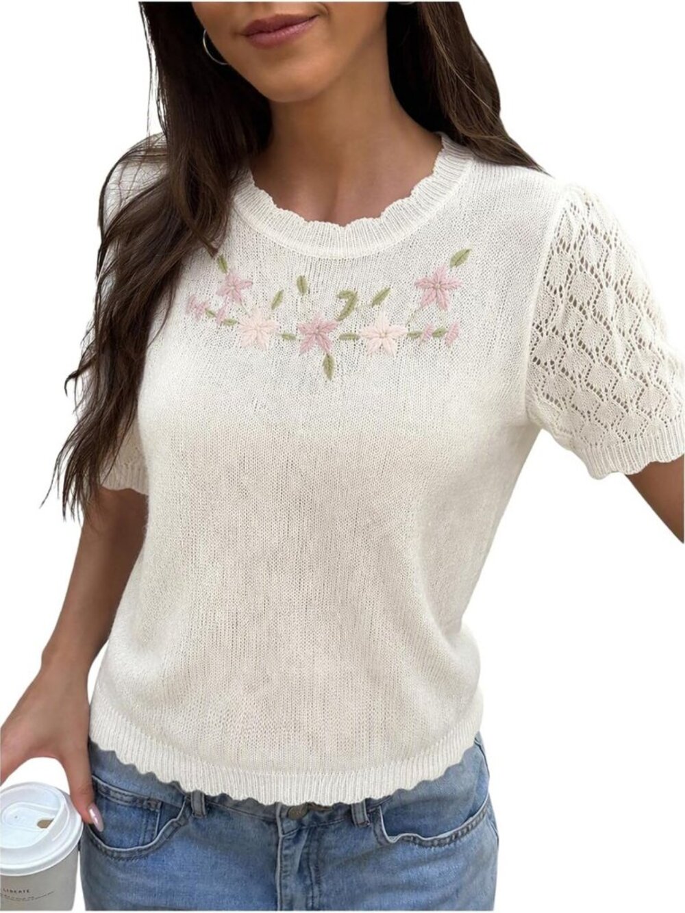 Lightweight Floral Embroidered Cable Knit Sweater Top for Women - Perfect
